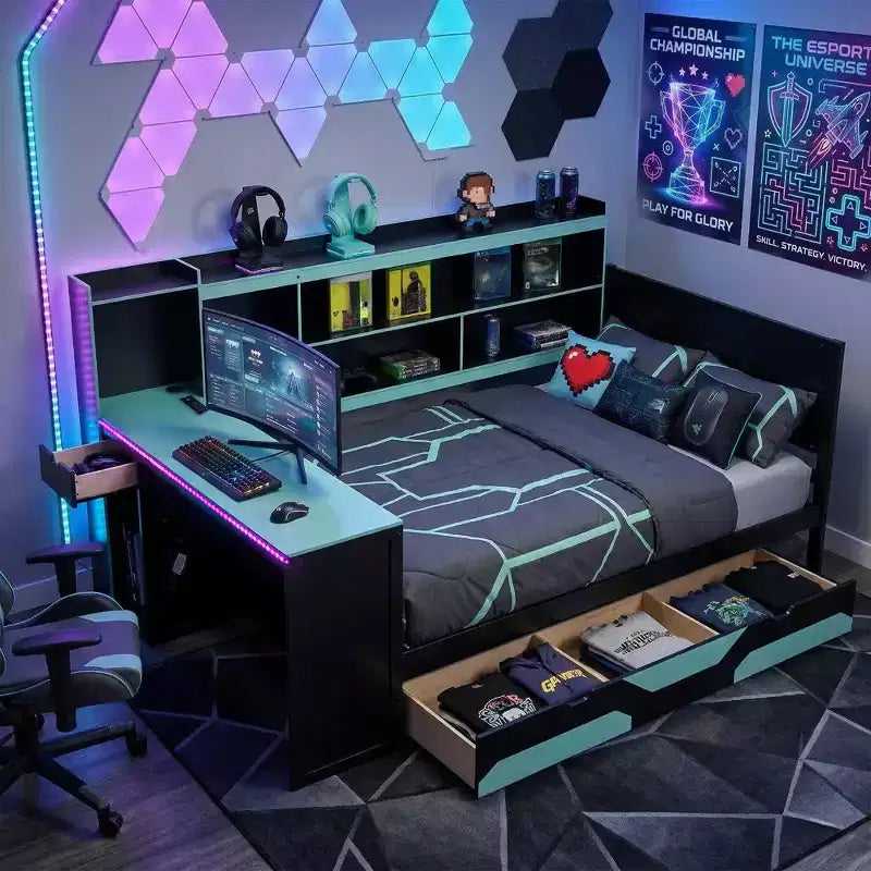 Gamer Hub Tagesbett mit Schreibtisch, RGB-Beleuchtung, Ladestation, Schubladen und Bücherregal-Kopfteil