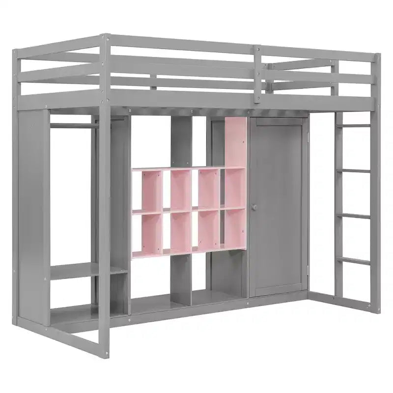 Hochbett für Kinder mit Kleiderschrank und Regalen, Holz-Hochbettgestell mit Aufbewahrungsschrank für Kinder und Jugendliche