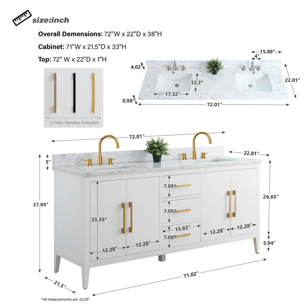 Vanity Art 72 Zoll Badezimmer-Waschtischunterschrank mit Doppelwaschbecken und Kunstmarmorplatte