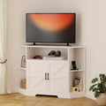 Eck-TV-Ständer für Fernseher bis 55 Zoll, Bauernhaus-Mediakonsole mit Scheunentüren, offenen Regalen und Aufbewahrungsschrank, Weiß