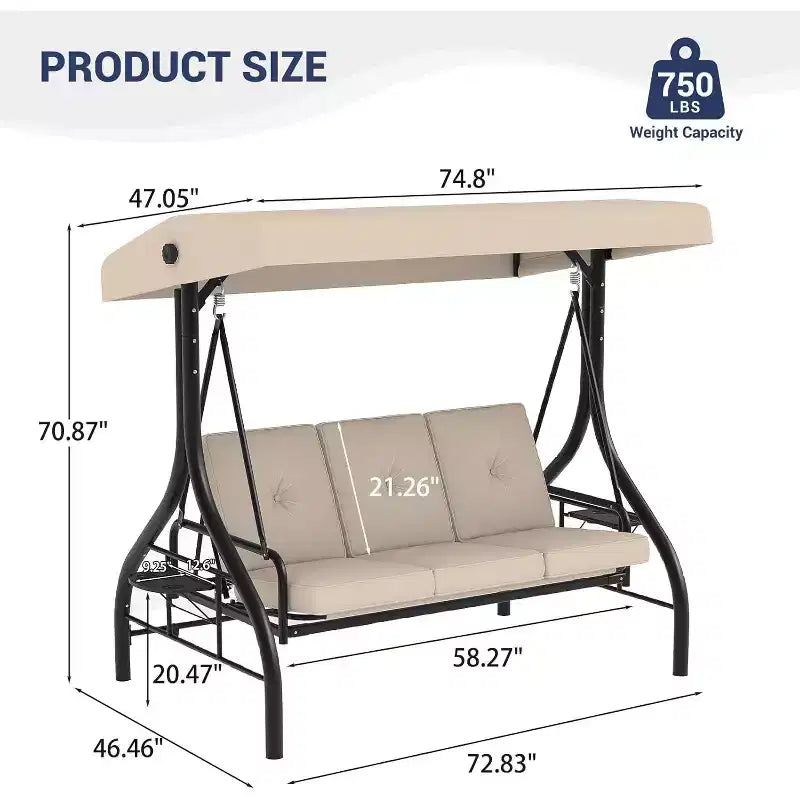 2-in-1 Cabrio 3-Sitzer Hollywoodschaukel mit verstellbarem Dach, Terrassenschaukelbett mit Gestell, dicken Kissen und Getränkehaltern, für Garten, Terrasse, Veranda