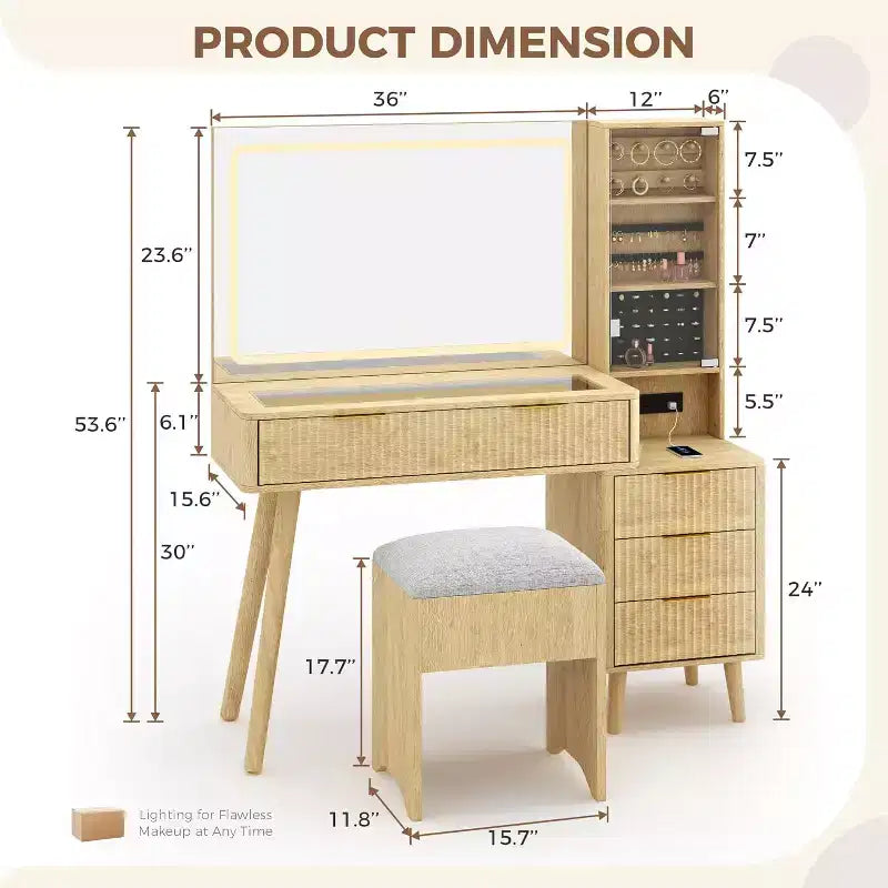 48" Schminktisch mit geriffelter Optik, großem Spiegel und Lichtern, moderner Schminktisch mit Ladestation und gepolstertem Aufbewahrungshocker für Zuhause
