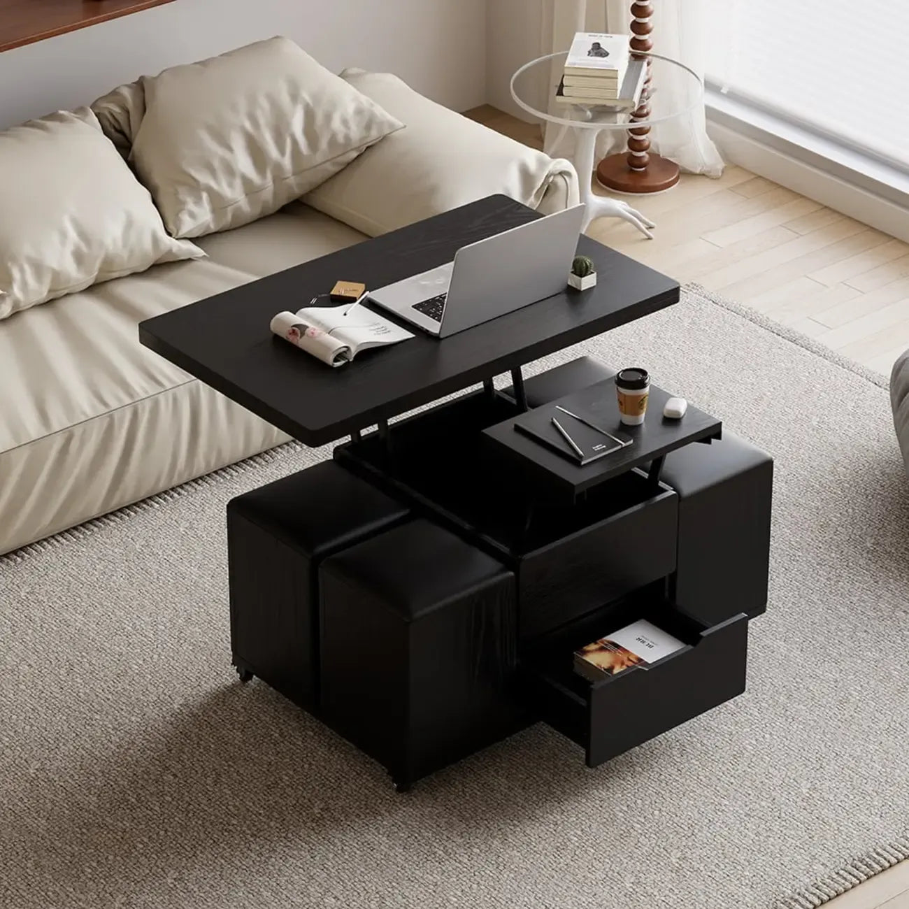 Klappbarer Couchtisch mit Liftfunktion, 4 Hockern und Stauraum