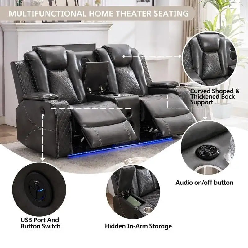 Elektrisches Relaxsofa mit kabellosem Ladegerät, Leselampe für das Wohnzimmer, Kunstleder-LED-Beleuchtung, AC/USB-Anschluss, Getränkehalter, Schwarz