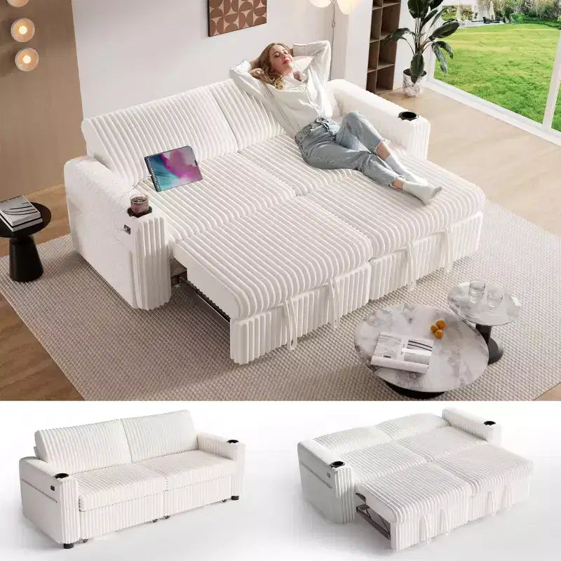 Dyonery 91 Sektional Schlafsofa mit Ausziehbett, verstellbarer Rückenlehne/zwei Ausziehbetten/USB-Anschlüssen/Getränkehaltern, Plüsch-Kordbezug