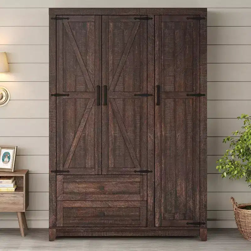 AMERLIFE 47 Bauernhaus-Kleiderschrank mit 3 Türen, 2 Schubladen, Kleiderstange und verstellbaren Einlegeböden, freistehender Schrank-Organizer