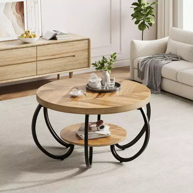 30 Zoll runder industrieller Couchtisch, 2-stöckig mit verstellbaren Füßen, Holzmaserungsablage, Flammendesign, einfache Montage, Wohnzimmer