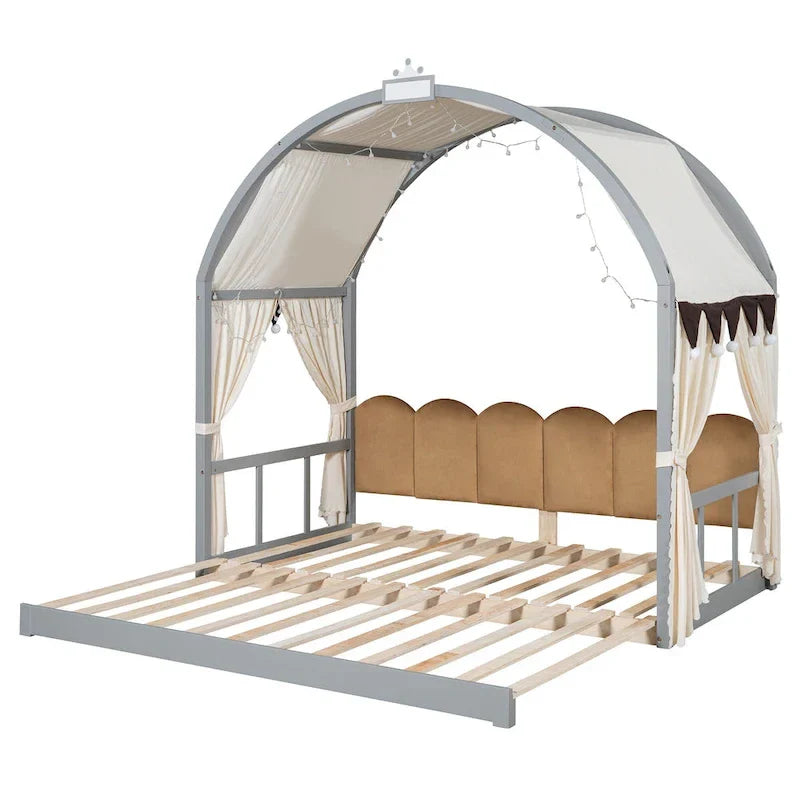 Massivholz-Spielhaus-Plattformbett, Montessori-Bettrahmen mit gewölbtem Dach und Ausziehbett für Mädchen und Jungen
