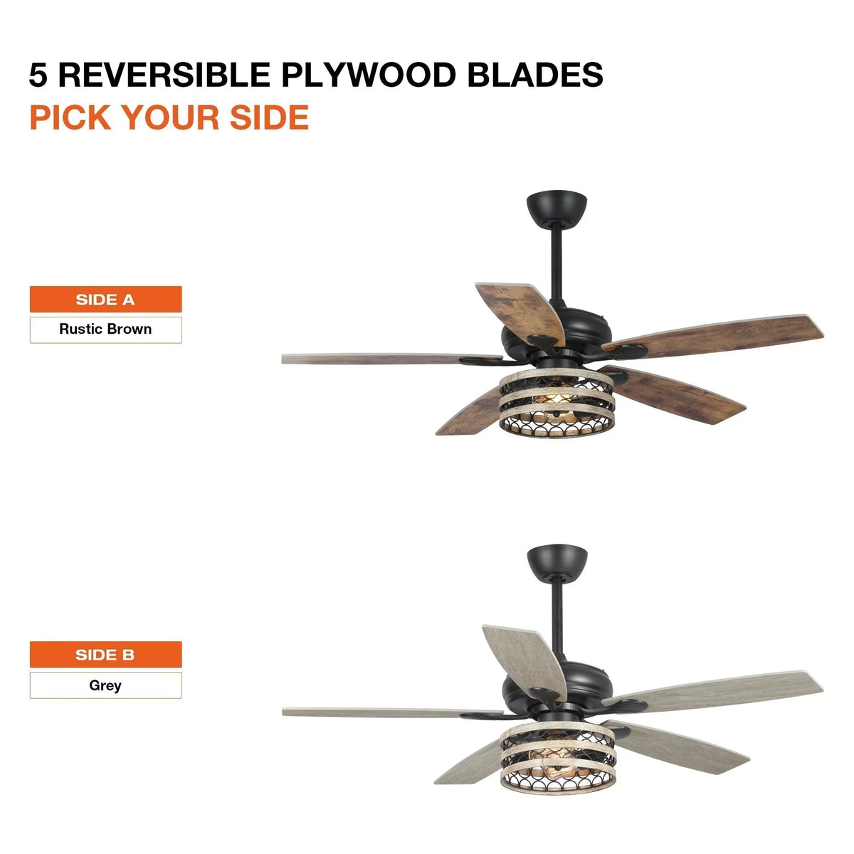 52 Farmhouse Driftwood 5-Flügel Deckenventilator mit Käfig in Schwarz und Fernbedienung