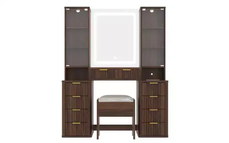 JVNOXK 43,5-Zoll modernes Schminktisch-Set mit Spiegel und Beleuchtung, ausgestattet mit Schubladen und transparentem Glasschrank, inklusive Hocker und Ladestation, Braun