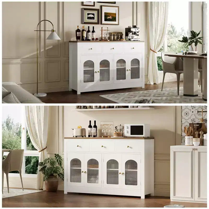 55 Zoll großer Vorratsschrank, schmales Buffet-Sideboard mit 3 Schubladen und 4 Türen für Küche, Esszimmer, Wohnzimmer