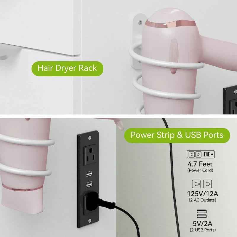 Moasis 46 Waschtisch mit integrierter Steckdose, beleuchtetem Spiegel und Föhnständer – 55,8 H x 46 B x 11,7 T