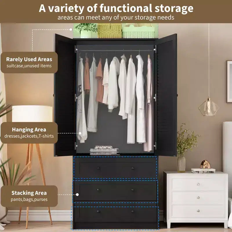 COZONY Kleiderschrank mit 3 Schubladen und 2 Türen, moderner Holzschrank für Schlafzimmer, robuster weißer Stehschrank