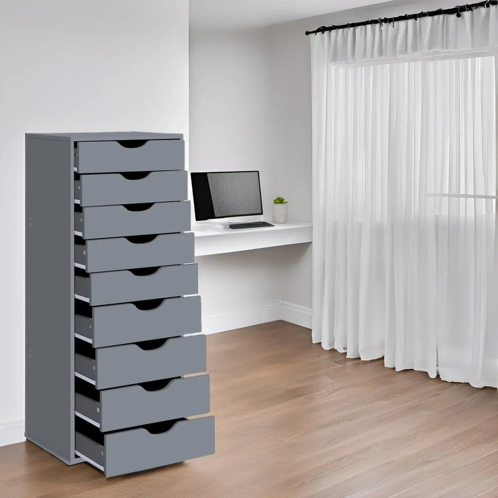 Schmaler Holzschrank mit 9 Schubladen, leichtgängigen Auszügen und Ablagefach oben