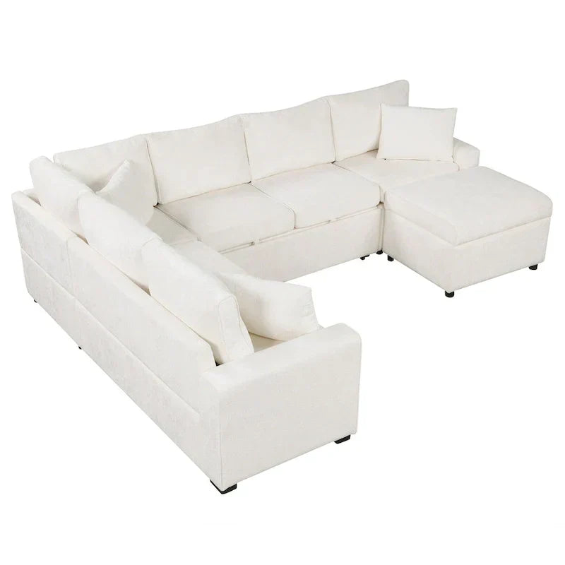 Chenille Ecksofa mit Ausziehfunktion, L-förmiges Schlafsofa mit Stauraum-Ottomane, 3 Kissen und Ladevorrichtungen