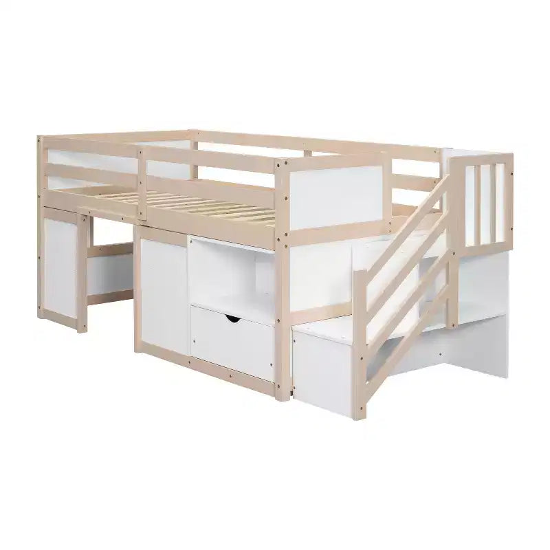 Okak Massivholz-Hochbett mit Treppe & Stauraum, Niedriges Etagenbett mit Schubladen & Regalen, Multifunktionales Hochbett für Kinder, Jugendliche