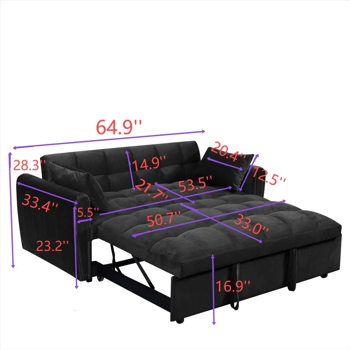 64.96 Samt 3-in-1-Schlafsofa mit verstellbarer Rückenlehne, Aufbewahrungstasche und 227 kg Tragkraft