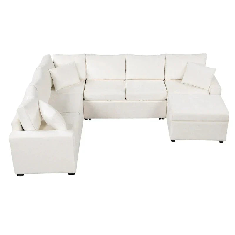 Chenille Ecksofa mit Ausziehfunktion, L-förmiges Schlafsofa mit Stauraum-Ottomane, 3 Kissen und Ladevorrichtungen