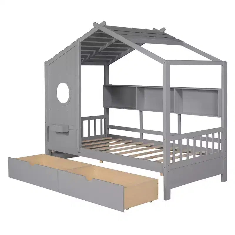 Hausbett aus Holz in Twin-/Full-Size mit 2 Schubladen, Kinderbett mit Ablageregal - ModernLuxe