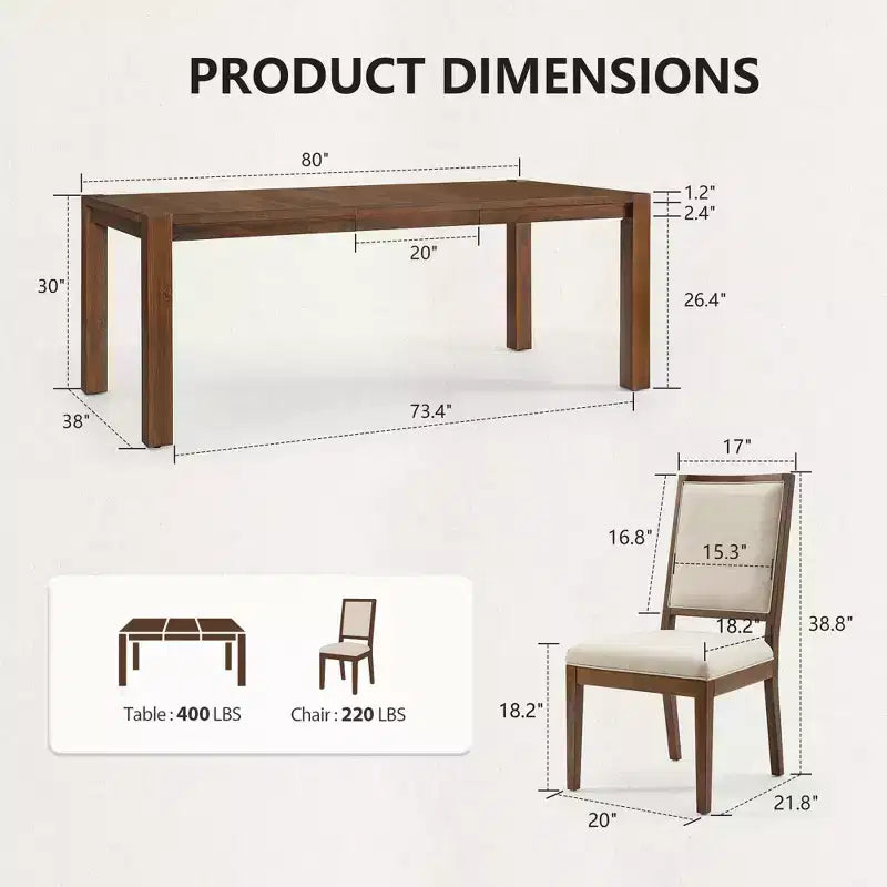 Modernes Esszimmer-Set – 80 Tisch + 6 gepolsterte Stühle, Massivholzrahmen, 180 kg Tischbelastbarkeit, einfache Montage
