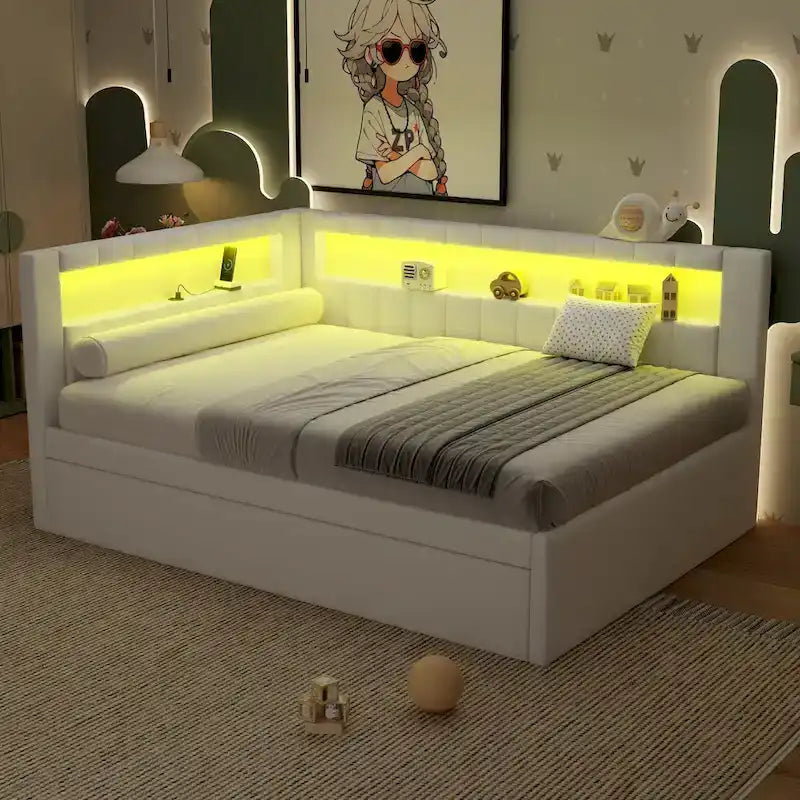Gepolstertes Plattformbett mit USB-Anschlüssen & LED-Beleuchtung – Einzel-/Doppelbettgestell mit 2 Schubladen – Modernes Schlafzimmer