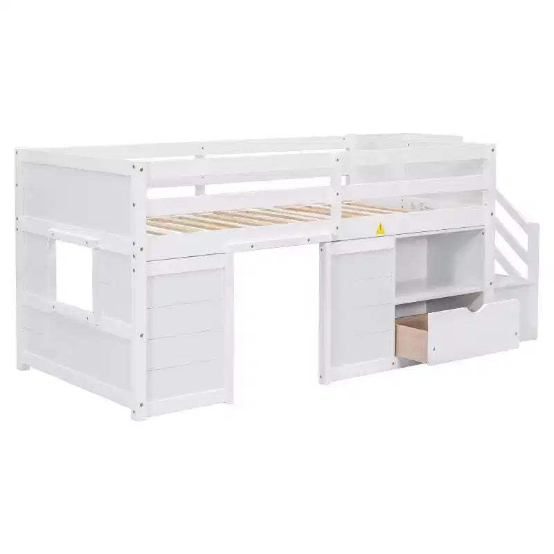 94.6L x 42.3B Massivholz-Hochbett in Twin-Größe mit Treppe, Schublade und Regal, modernes und klares Design