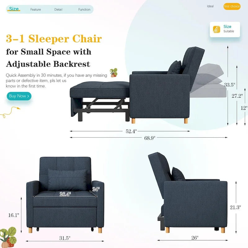 AECOJOY 3-in-1 Schlafsofasessel mit Kissen und verstellbarer Rückenlehne