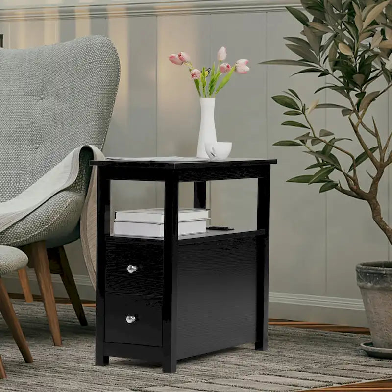 Beistelltisch mit Ladestation, schmaler Sofa-Beistelltisch, Nachttisch aus Holz, Schlafzimmer-Wohnzimmer-Möbel, Schwarz