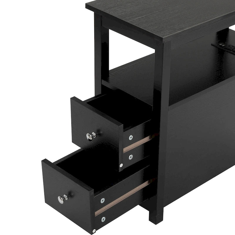 Beistelltisch mit Ladestation, schmaler Sofa-Beistelltisch, Nachttisch aus Holz, Schlafzimmer-Wohnzimmer-Möbel, Schwarz