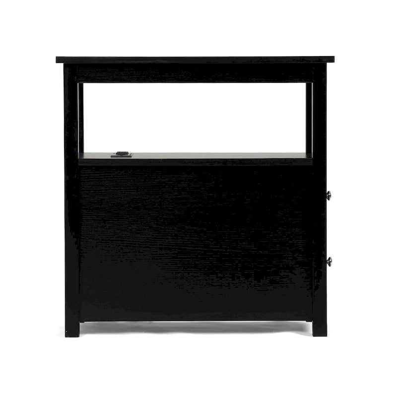 Beistelltisch mit Ladestation, schmaler Sofa-Beistelltisch, Nachttisch aus Holz, Schlafzimmer-Wohnzimmer-Möbel, Schwarz