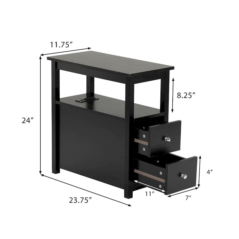 Beistelltisch mit Ladestation, schmaler Sofa-Beistelltisch, Nachttisch aus Holz, Schlafzimmer-Wohnzimmer-Möbel, Schwarz