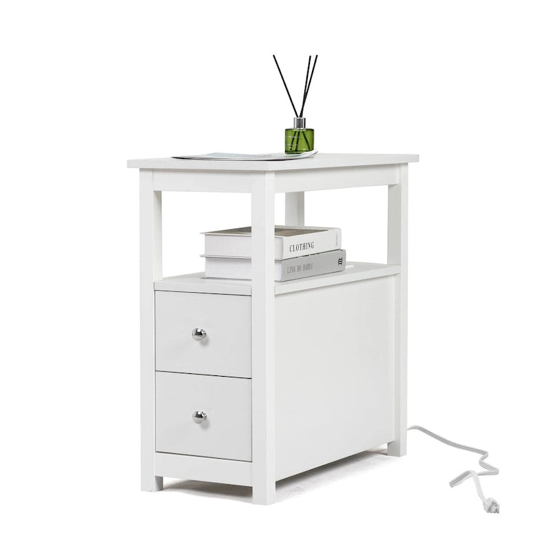 Beistelltisch mit Ladestation, schmaler Sofa-Beistelltisch, Nachttisch aus Holz, Schlafzimmer-Wohnzimmer-Möbel, Schwarz