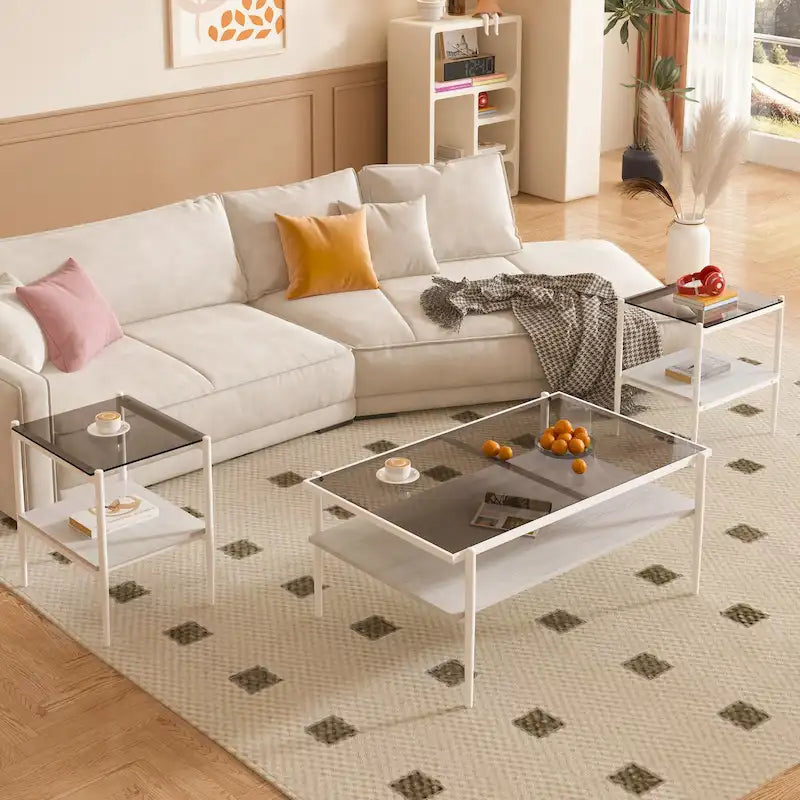Couchtisch und Beistelltische, 3er-Set, Tisch aus gehärtetem Glas mit MDF-Schicht, moderne Tische für das Wohnzimmer, graues Glas