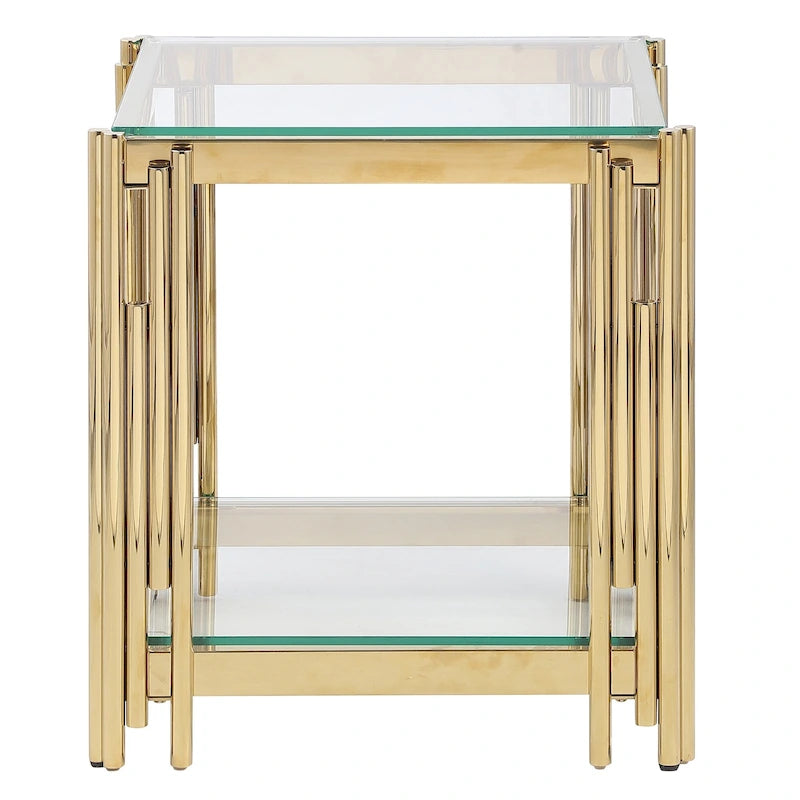 Woker Furniture 20 breiter quadratischer Beistelltisch mit Glasplatte, Couchtisch aus goldenem Edelstahl mit gehärtetem Glas
