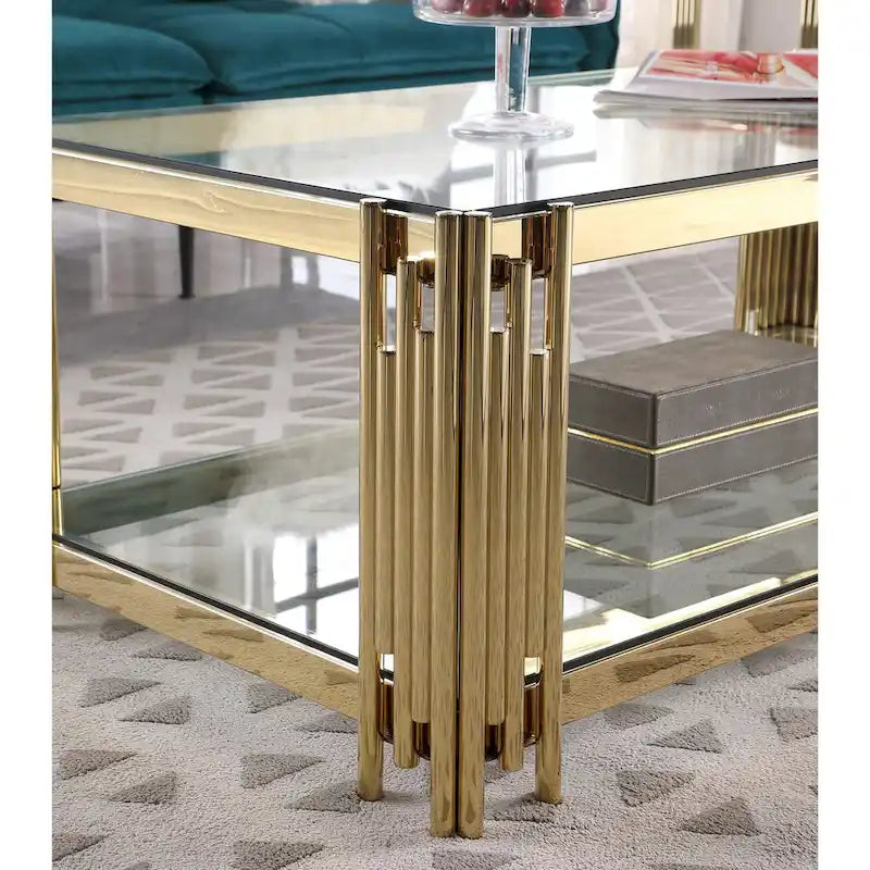 Woker Furniture 20 breiter quadratischer Beistelltisch mit Glasplatte, Couchtisch aus goldenem Edelstahl mit gehärtetem Glas