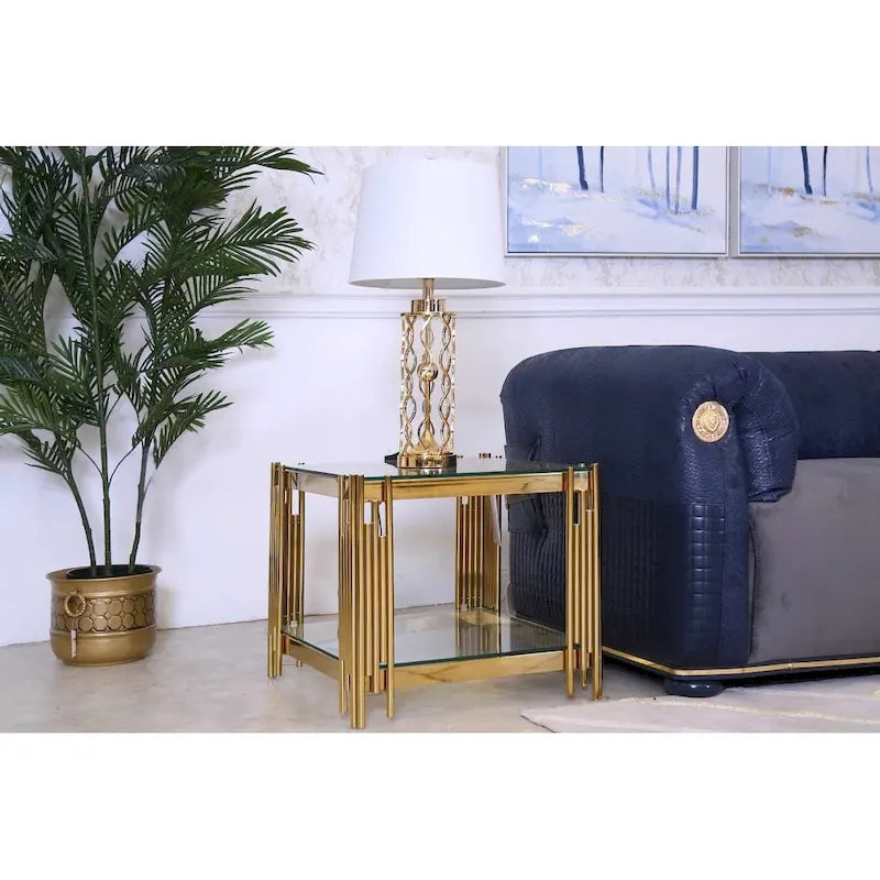 Woker Furniture 20 breiter quadratischer Beistelltisch mit Glasplatte, Couchtisch aus goldenem Edelstahl mit gehärtetem Glas
