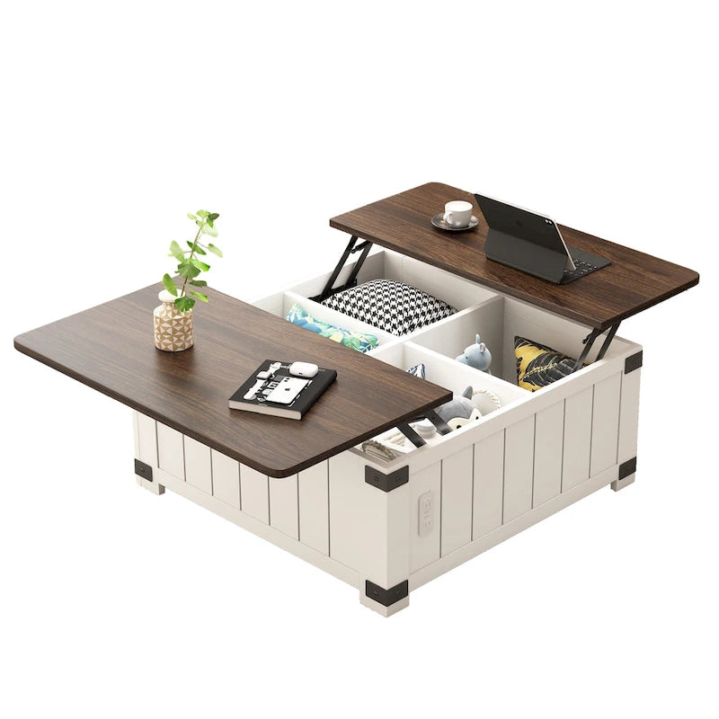 Bauernhaus Couchtisch mit hochklappbarer Platte, Stauraum, USB-Anschlüssen und Ladestation