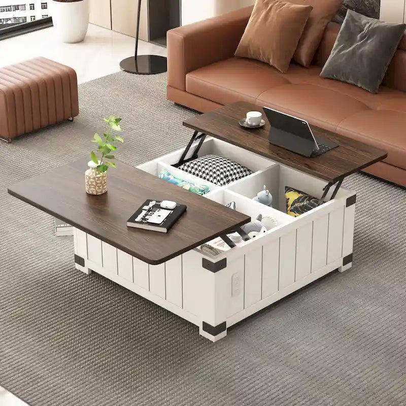 Bauernhaus Couchtisch mit hochklappbarer Platte, Stauraum, USB-Anschlüssen und Ladestation