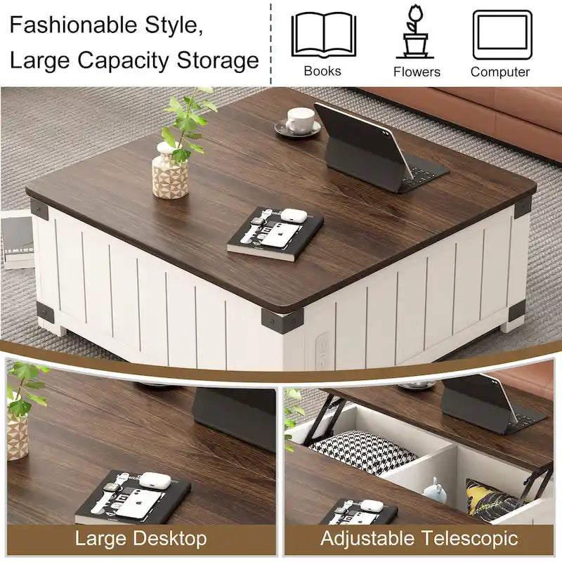 Bauernhaus Couchtisch mit hochklappbarer Platte, Stauraum, USB-Anschlüssen und Ladestation