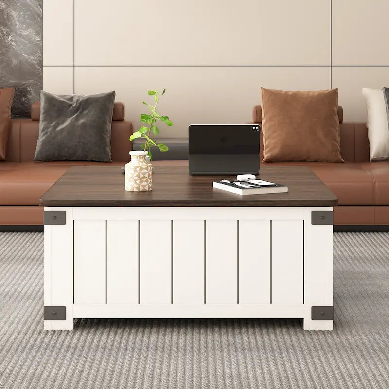 Bauernhaus Couchtisch mit hochklappbarer Platte, Stauraum, USB-Anschlüssen und Ladestation