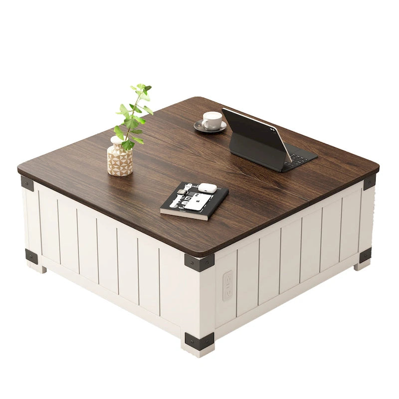 Bauernhaus Couchtisch mit hochklappbarer Platte, Stauraum, USB-Anschlüssen und Ladestation