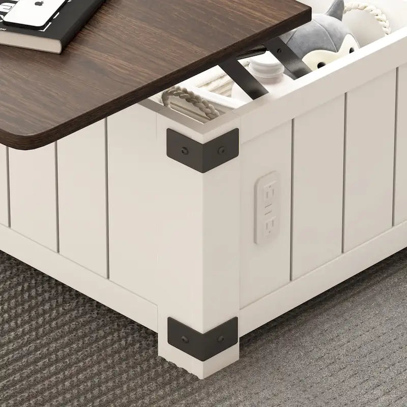 Bauernhaus Couchtisch mit hochklappbarer Platte, Stauraum, USB-Anschlüssen und Ladestation
