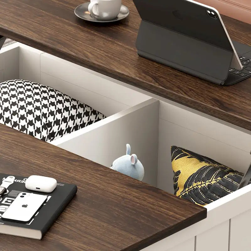 Bauernhaus Couchtisch mit hochklappbarer Platte, Stauraum, USB-Anschlüssen und Ladestation