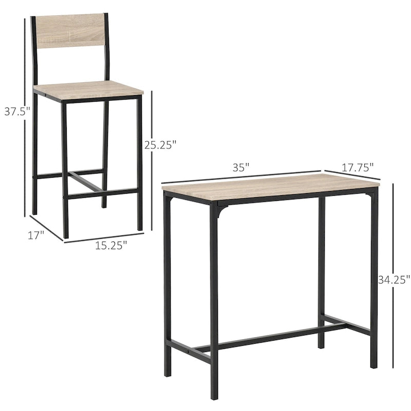 3-teiliges Bartisch- und Stuhlset, Essgruppe im Industrial-Stil für 2 Personen, Küchentisch in Thekenhöhe mit Barhockern