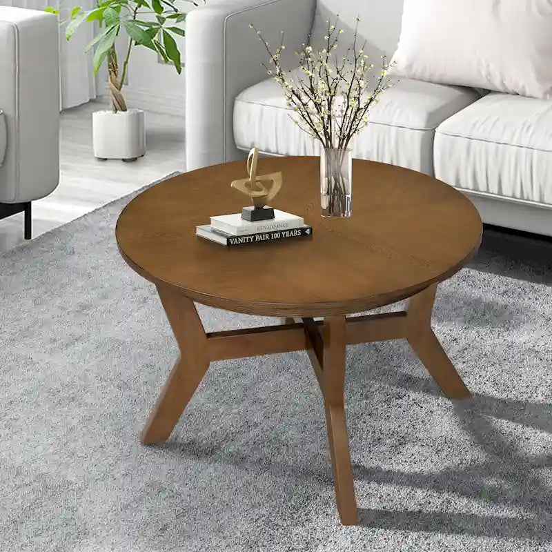 32 Zoll runder Couchtisch aus Holz für Wohnzimmer, Mid-Century Bauernhaus runder Holztisch für Apartment, einfache Montage