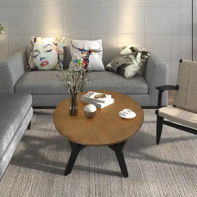 32 Zoll runder Couchtisch aus Holz für Wohnzimmer, Mid-Century Bauernhaus runder Holztisch für Apartment, einfache Montage