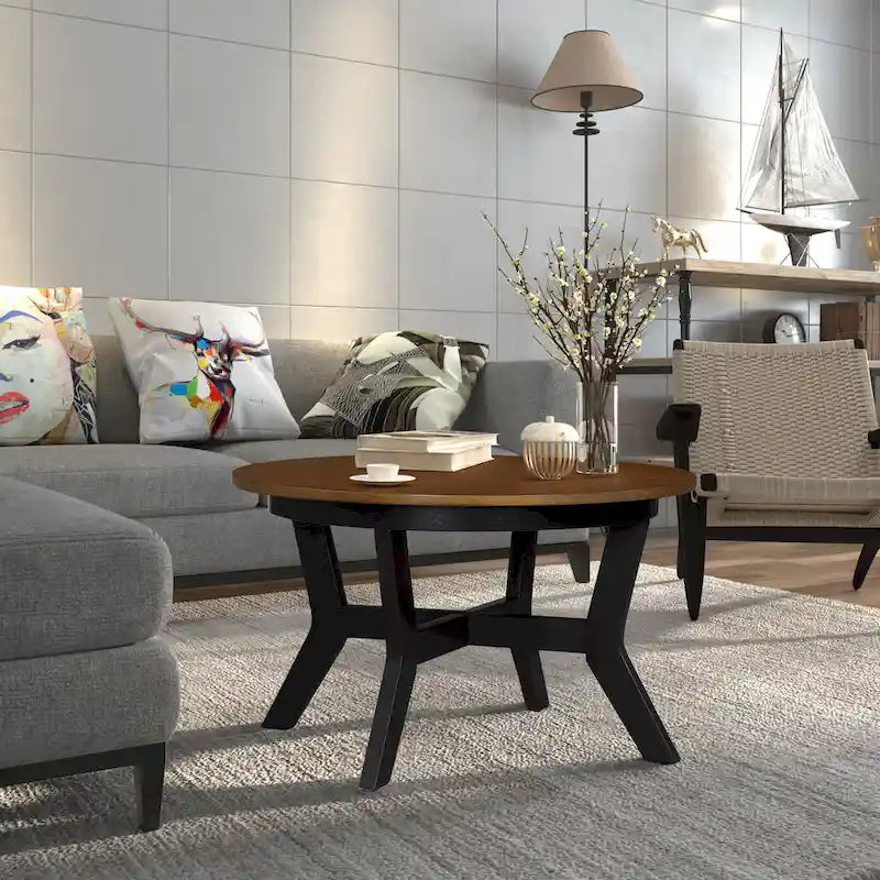 32 Zoll runder Couchtisch aus Holz für Wohnzimmer, Mid-Century Bauernhaus runder Holztisch für Apartment, einfache Montage