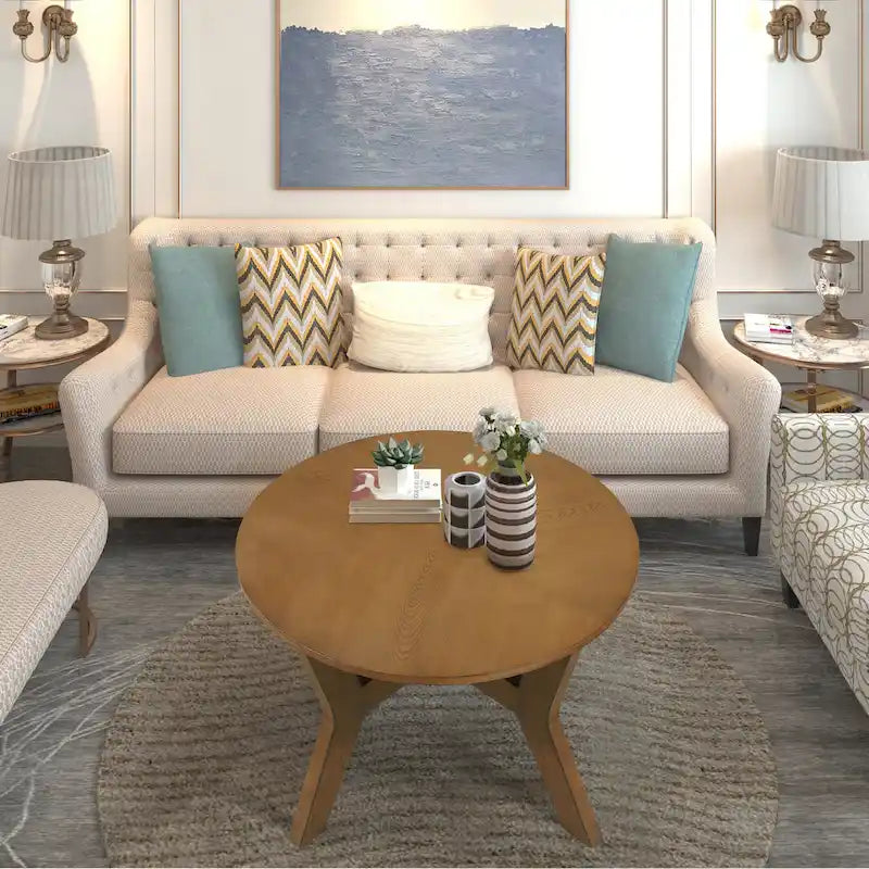 32 Zoll runder Couchtisch aus Holz für Wohnzimmer, Mid-Century Bauernhaus runder Holztisch für Apartment, einfache Montage