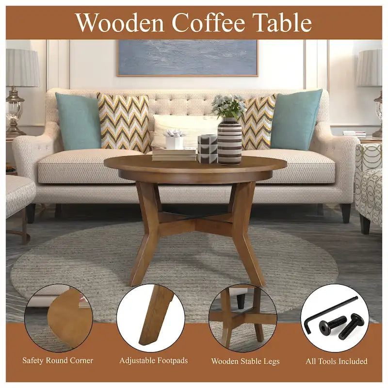 32 Zoll runder Couchtisch aus Holz für Wohnzimmer, Mid-Century Bauernhaus runder Holztisch für Apartment, einfache Montage