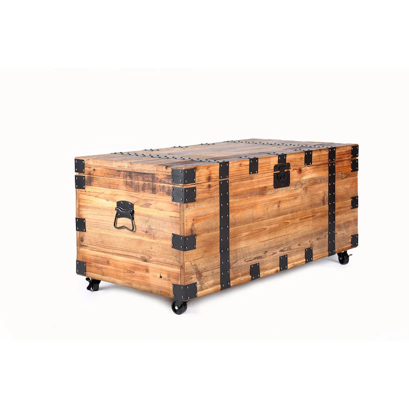Truhentisch mit vier Rollen, großer Stauraum, Couchtisch, Natur-Recyclingholz/schwarzes Metall